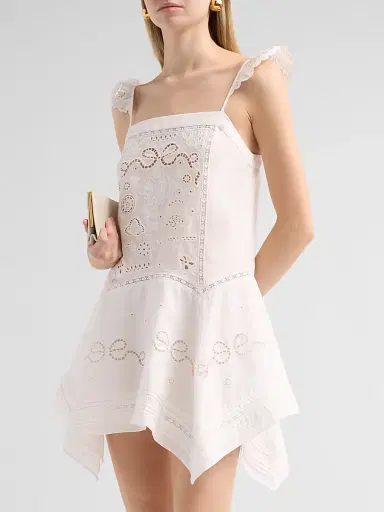 Self-Portrait Women's Embroidered Linen-Cotton Handkerchief Mini Dress - White - Size 10 | Thumbnail 4 Self-Portrait Women's Embroidered Linen-Cotton Handkerchief Mini Dress - White - Size 10 | Thumbnail 4