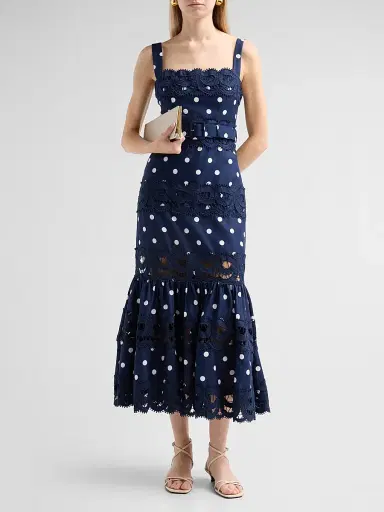 Self-Portrait Women's Polka Dot Linen & Lace Midi Dress - Navy - Size 10 | Thumbnail 2 Self-Portrait Women's Polka Dot Linen & Lace Midi Dress - Navy - Size 10 | Thumbnail 2
