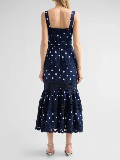 Self-Portrait Women's Polka Dot Linen & Lace Midi Dress - Navy - Size 10 | Thumbnail 3 Self-Portrait Women's Polka Dot Linen & Lace Midi Dress - Navy - Size 10 | Thumbnail 3
