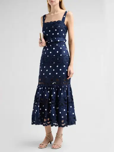 Self-Portrait Women's Polka Dot Linen & Lace Midi Dress - Navy - Size 10 | Thumbnail 4 Self-Portrait Women's Polka Dot Linen & Lace Midi Dress - Navy - Size 10 | Thumbnail 4