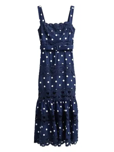 Self-Portrait Women's Polka Dot Linen & Lace Midi Dress - Navy - Size 10 | Thumbnail 1 Self-Portrait Women's Polka Dot Linen & Lace Midi Dress - Navy - Size 10 | Thumbnail 1