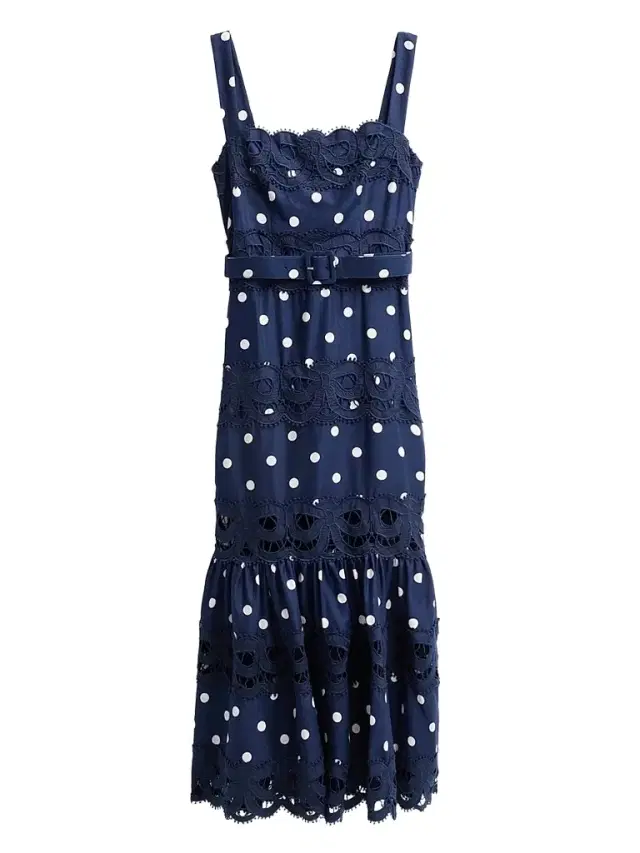 Self-Portrait Women's Polka Dot Linen & Lace Midi Dress - Navy