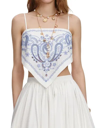 Self-Portrait Women's Bandana Embroidered Linen-Cotton Crop Top - White - Size 12 | Thumbnail 3