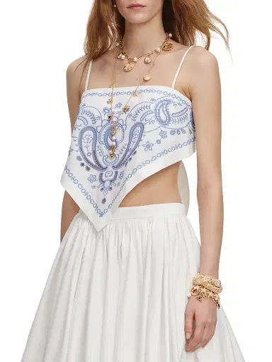Self-Portrait Women's Bandana Embroidered Linen-Cotton Crop Top - White - Size 12 | Thumbnail 4