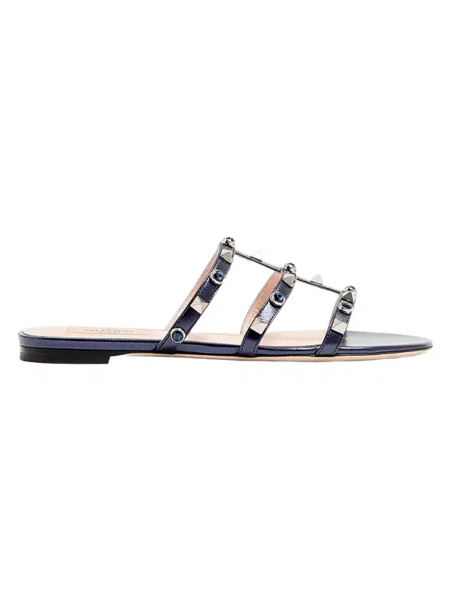 Valentino Garavani Women's Rockstud Slide Sandals in Laminated Nappa with Cabochon - Navy