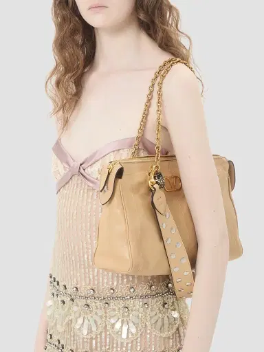 Valentino Garavani Women's Panthea Shoulder Bag in Nappa Leather with Chevron Pattern - Gold Beige | Thumbnail 3