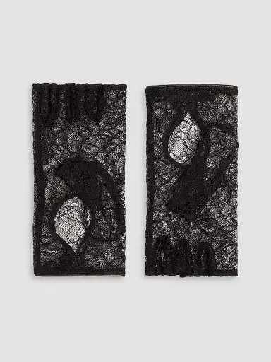 Valentino Garavani Women's VLogo Signature Biker Gloves in Lace and Leather - Black - Size 8 | Thumbnail 2