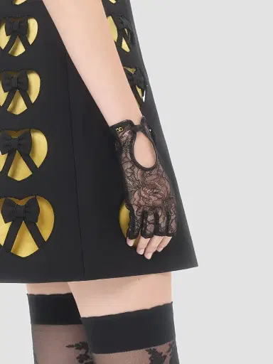 Valentino Garavani Women's VLogo Signature Biker Gloves in Lace and Leather - Black - Size 8 | Thumbnail 3