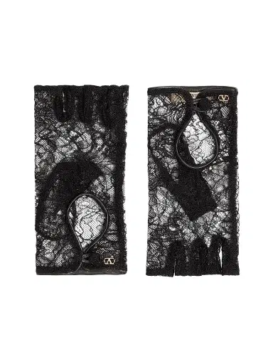 Valentino Garavani Women's VLogo Signature Biker Gloves in Lace and Leather - Black - Size 8 | Thumbnail 1