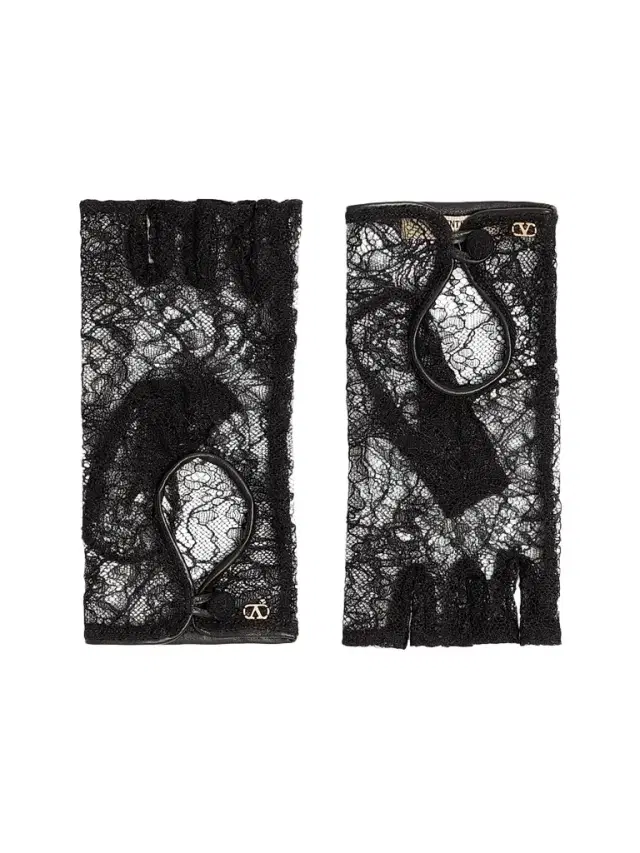 Valentino Garavani Women's VLogo Signature Biker Gloves in Lace and Leather - Black