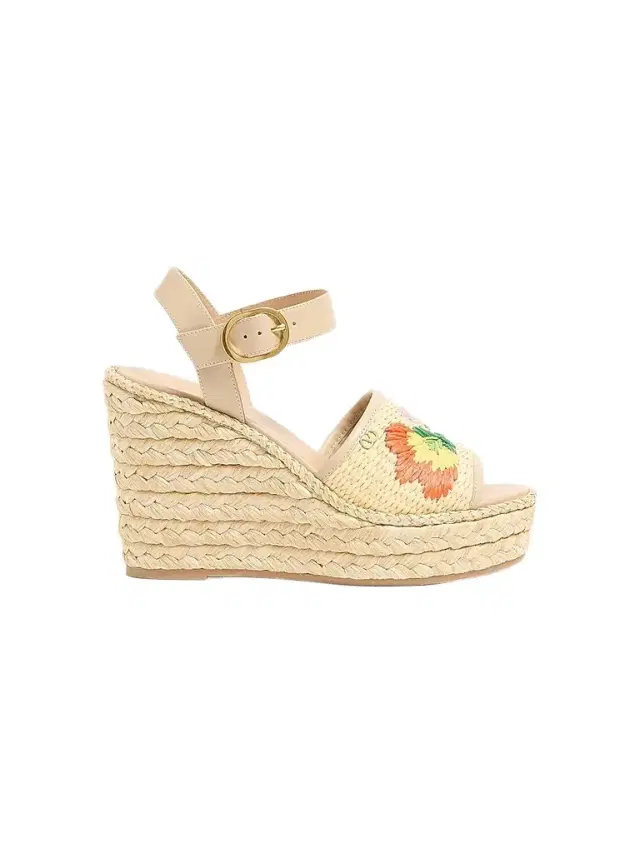 Valentino Garavani Women's Bribri 5MM Raffia Wedge Sandals with Floral Embroidery - Beige