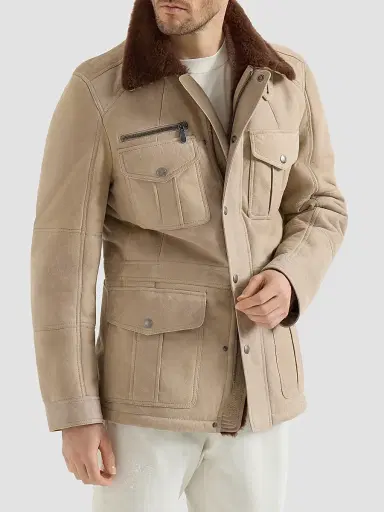 Brunello Cucinelli Men's Waxed Shearling Safari Jacket - Beige | Thumbnail 2