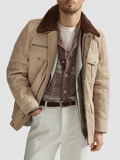 Brunello Cucinelli Men's Waxed Shearling Safari Jacket - Beige | Thumbnail 4
