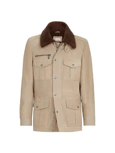 Brunello Cucinelli Men's Waxed Shearling Safari Jacket - Beige | Thumbnail 1