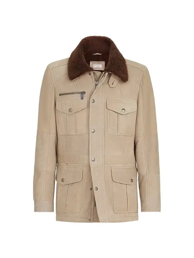 Brunello Cucinelli Men's Waxed Shearling Safari Jacket - Beige