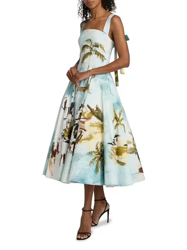 Oscar de la Renta Women's Landscape-Print Cotton Poplin Midi-Dress - Blue Green Multi - Size 14 | Thumbnail 2