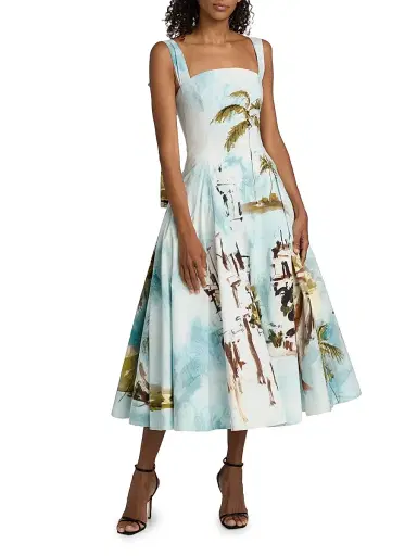 Oscar de la Renta Women's Landscape-Print Cotton Poplin Midi-Dress - Blue Green Multi - Size 14 | Thumbnail 3