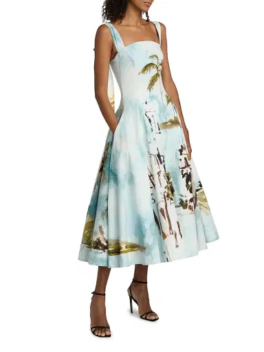 Oscar de la Renta Women's Landscape-Print Cotton Poplin Midi-Dress - Blue Green Multi - Size 14 | Thumbnail 4
