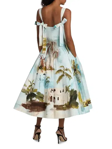 Oscar de la Renta Women's Landscape-Print Cotton Poplin Midi-Dress - Blue Green Multi - Size 14 | Thumbnail 5