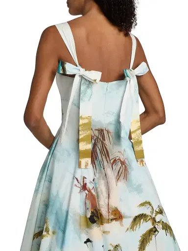 Oscar de la Renta Women's Landscape-Print Cotton Poplin Midi-Dress - Blue Green Multi - Size 14 | Thumbnail 6