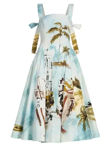 Oscar de la Renta Women's Landscape-Print Cotton Poplin Midi-Dress - Blue Green Multi - Size 14 | Thumbnail 1