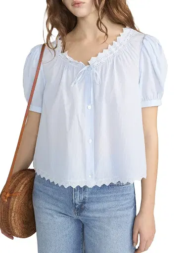 Frame Women's The Serene Striped Cotton Top - Powder Blue Multi | Thumbnail 4 Frame Women's The Serene Striped Cotton Top - Powder Blue Multi | Thumbnail 4