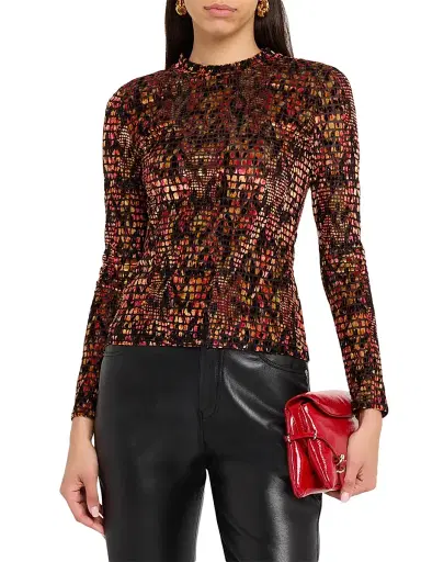 JBQ Women's Hugo Burnout Velvet Top - Red Mosaic - Size Small | Thumbnail 3