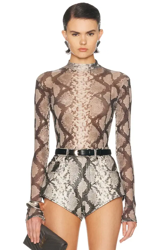 LaPointe Printed Mesh Mock Neck Bodysuit
