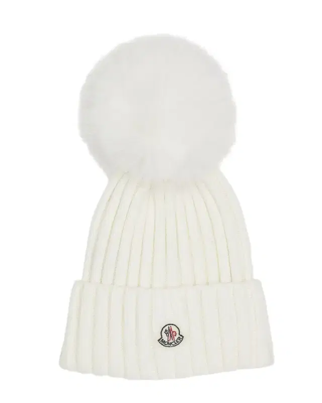 Moncler Ribbed Wool Beanie with Faux Fur Pom