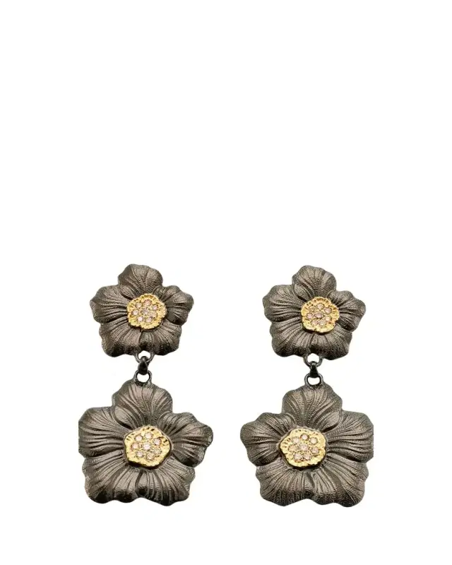 Buccellati Blossom Gardenia Burnished Silver, Gold, Brown Diamond Drop Earrings