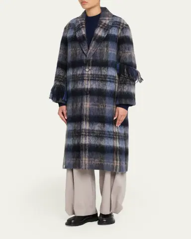 LOEWE Single-Breasted Plaid Wool Fringe Long Coat | Thumbnail 2