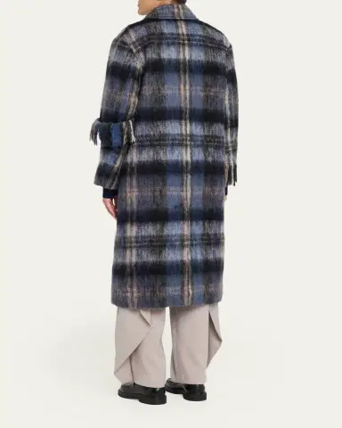 LOEWE Single-Breasted Plaid Wool Fringe Long Coat | Thumbnail 3