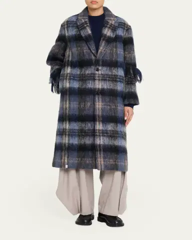 LOEWE Single-Breasted Plaid Wool Fringe Long Coat | Thumbnail 4