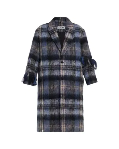 LOEWE Single-Breasted Plaid Wool Fringe Long Coat | Thumbnail 1