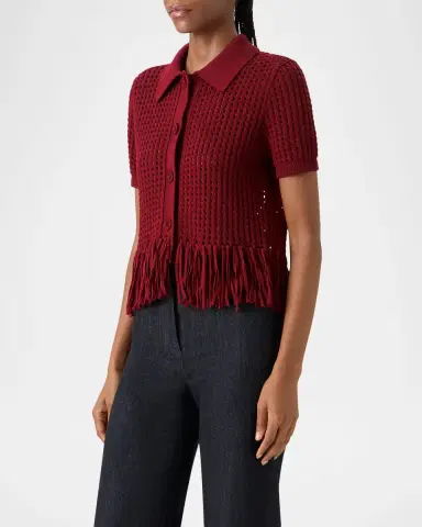 Akris punto Chunky Cotton Mesh Knit Fringed Collared Cardigan | Thumbnail 4