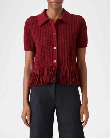 Akris punto Chunky Cotton Mesh Knit Fringed Collared Cardigan | Thumbnail 6