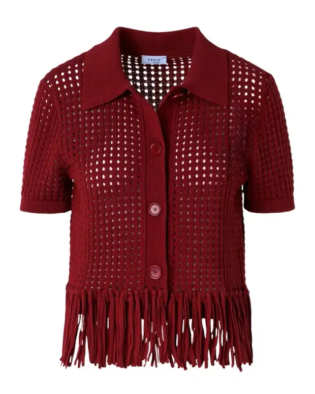 Chunky Cotton Mesh Knit Fringed Collared Cardigan