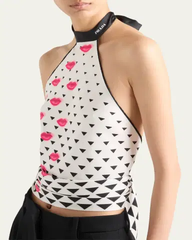 Prada Lips-Print Backless Silk Twill Halter Top | Thumbnail 2