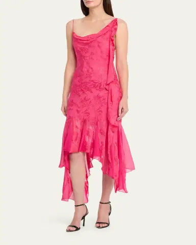 Ronny Kobo Aeris Draped Floral Jacquard Godet Midi Dress | Thumbnail 4