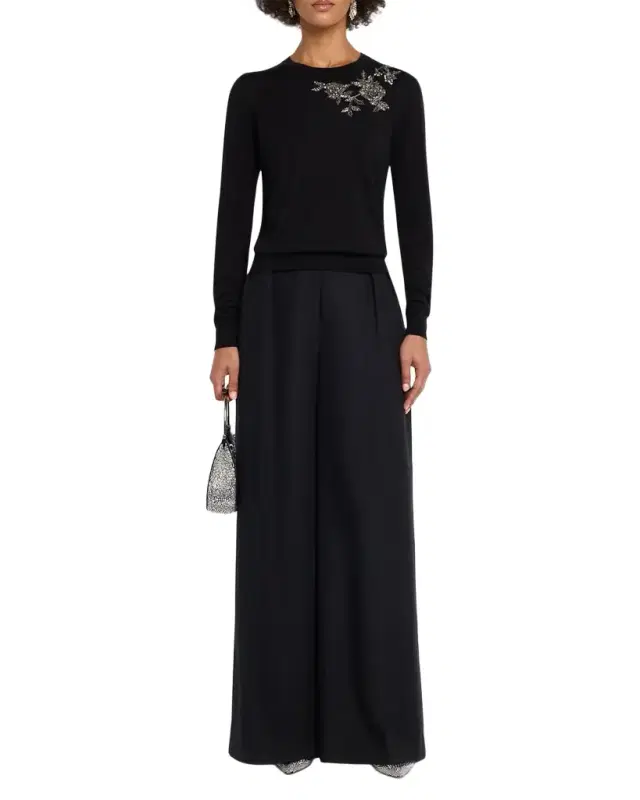 Carolina Herrera Flower Beaded Silk-Cotton Crewneck Sweater