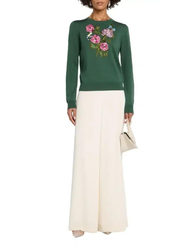 Carolina Herrera Floral Embroidered Silk-Cotton Crewneck Sweater