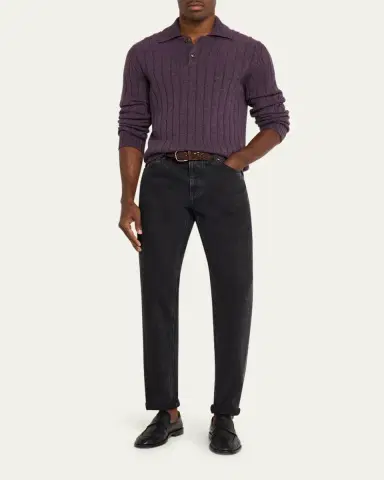 Brunello Cucinelli Men's Cashmere Rib-Knit Polo Sweater | Thumbnail 2