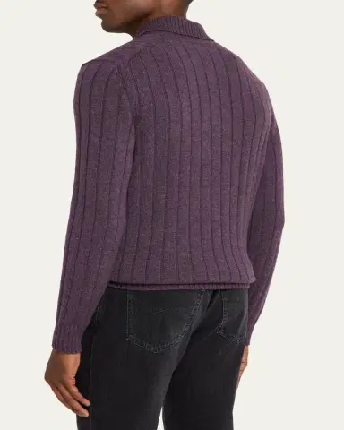 Brunello Cucinelli Men's Cashmere Rib-Knit Polo Sweater | Thumbnail 3