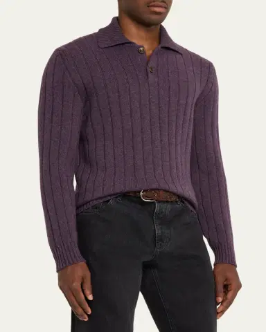 Brunello Cucinelli Men's Cashmere Rib-Knit Polo Sweater | Thumbnail 4