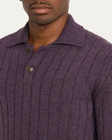 Brunello Cucinelli Men's Cashmere Rib-Knit Polo Sweater | Thumbnail 5