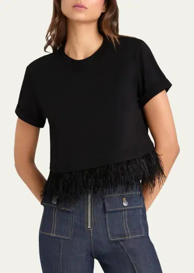 Cinq à Sept Cropped Feather-Trim Tee | Thumbnail 3