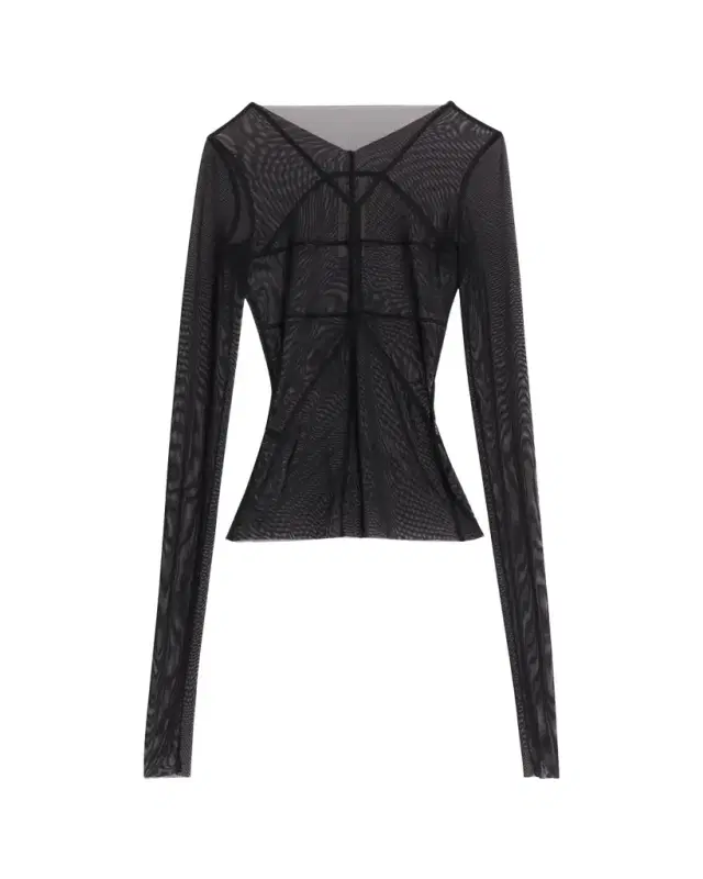 Rick Owens Temple Seamed Mesh Long-Sleeve Top