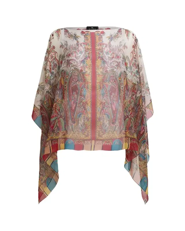 Etro Paisley Foliage Motif Silk Poncho Top