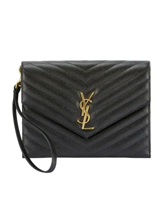 Saint Laurent YSL Monogram Flap Clutch Bag in Grained Leather