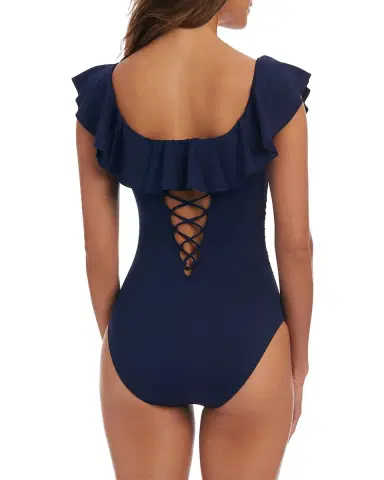La Blanca Off-Shoulder Ruffle Lace-Up One-Piece Swimsuit | Thumbnail 2